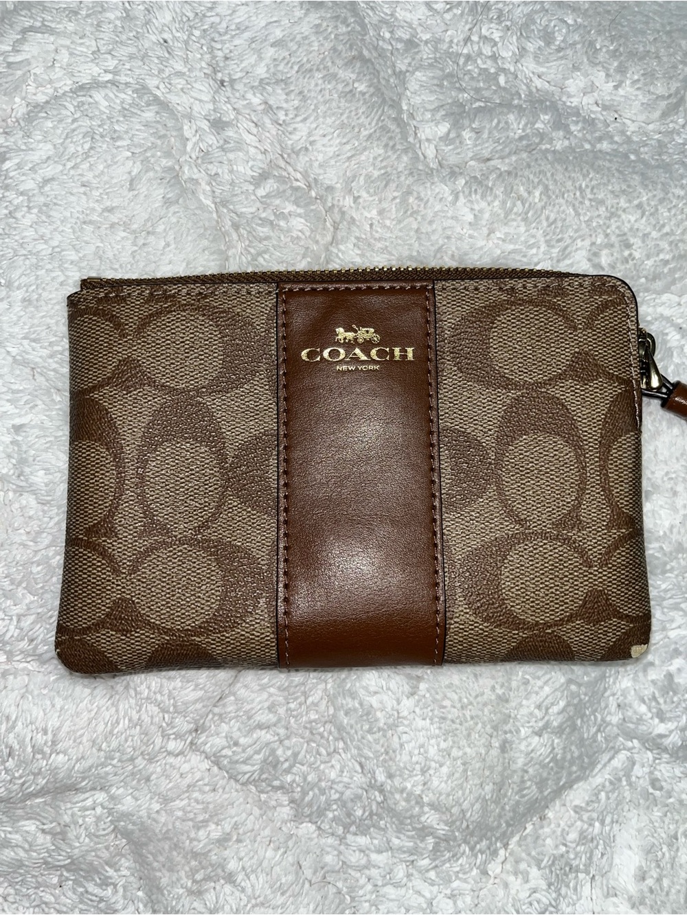 Coach Brown Signature Canvas Wristlet with Leather Strip